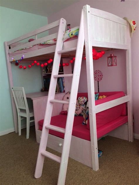 Girls Pink Wooden Bunk Bed With Desk Chair And Pull Out Second Bed