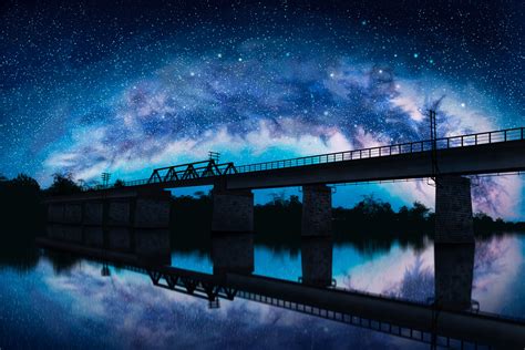 Download Lake Reflection Starry Sky Anime Bridge Night Hd Wallpaper By