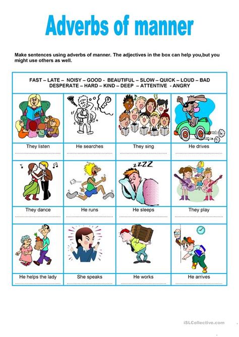 Adverbs of manner are really useful because they let us add a lot of extra details to descriptions, to make what we say more interesting and dynamic to the listener or reader. Adverbs of manner worksheet - Free ESL printable worksheets made by teachers