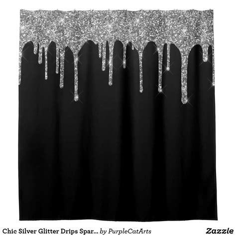 Chic Silver Glitter Drips Sparkle Black Shower Curtain Zazzle In 2023