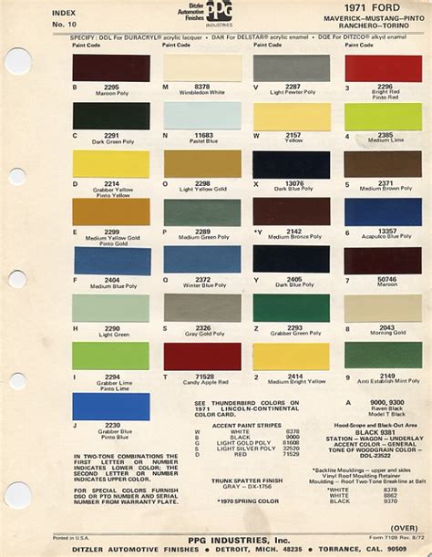 1971 Mustang Paint Chip Chart With Mixing Codes Maine Mustang