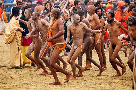 Naked Hindu Devotees Running After Holy Dip Kumbh Mela India Stock Photo