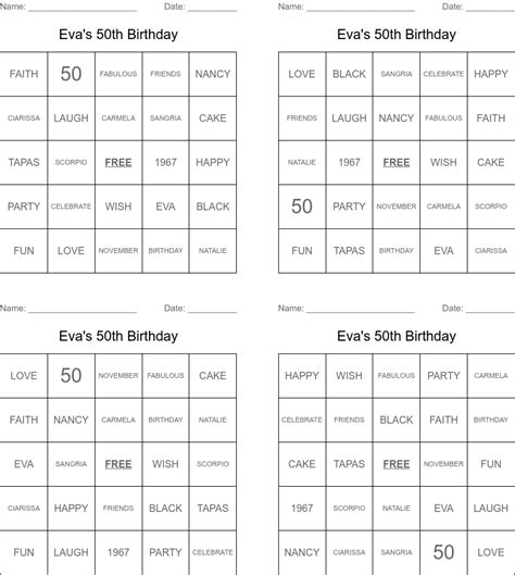 Evas 50th Birthday Bingo Cards Wordmint