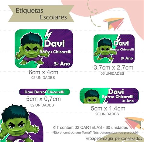 Kit Etiqueta Escolar Vinil Adesivo Hulk Elo7