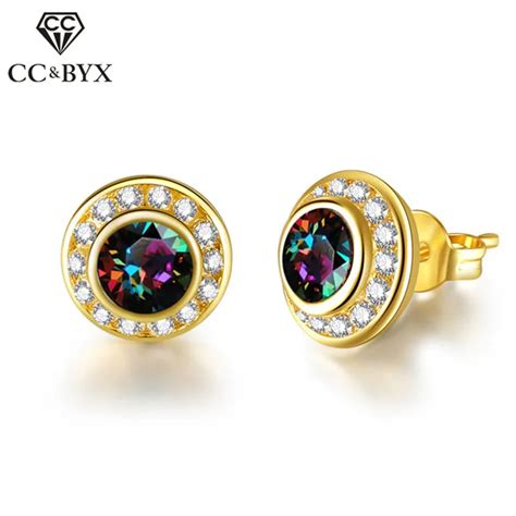 Cc Stud Earrings For Women Colorful Cubic Zirconia Mysterious Rainbow