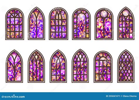 Gothic Windows Set Vintage Stained Glass Church Frames Element Of