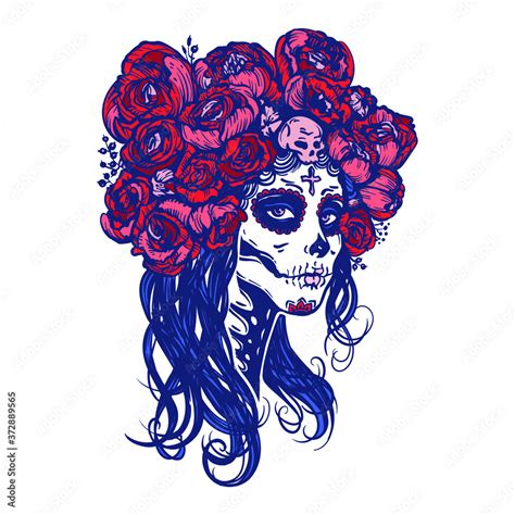 sugar skull beautiful girl with roses wreath halloween makeup skeleton woman portrait at dia