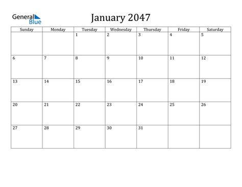 January 2047 Calendar Pdf Word Excel