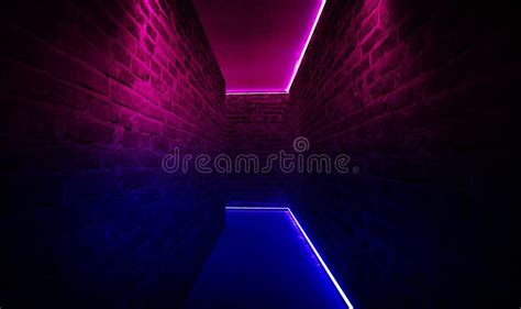 Background Of An Empty Corridor With Brick Walls And Neon Light Brick
