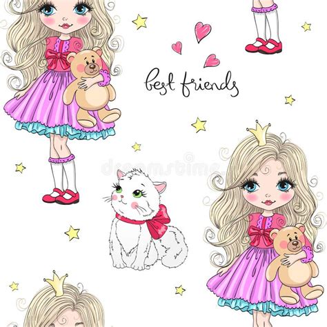 Seamless Pattern With Hand Drawn Beautiful Cute Little Princess Girls