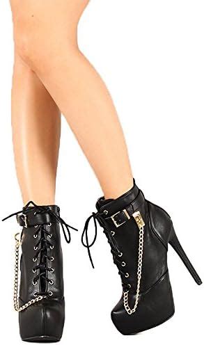 Amazon Com Qupid Women Leatherette Chain Lace Up Strap Hidden Platform Stiletto Heel Bootie