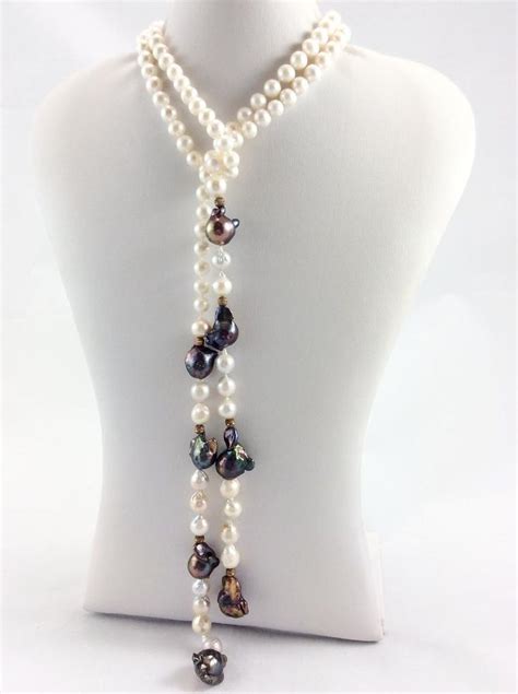 Pearl Lariat Necklace With Peacock Baroque Pearls And Vermeil Rose Gold Plated Silver Beads