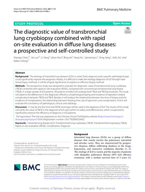 Pdf The Diagnostic Value Of Transbronchial Lung Cryobiopsy Combined With Rapid On Site