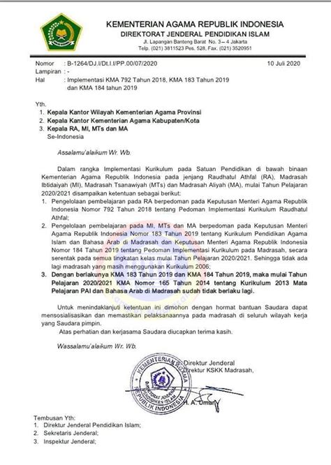 Unduh buku bahasa arab, sesuai kma nomor 183 tahun 2019 untuk jenjang madrasah ibtidaiyah ini tersedia mulai dari kelas terbawah, kelas 1 hingga kelas teratas, kelas 6. Surat Edaran Pemberlakukan Kurikulum Baru Mapel PAI Dan ...