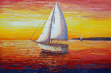 Seascape Sail Boats At Sea Oil Painting Palette Knife Painting Ori