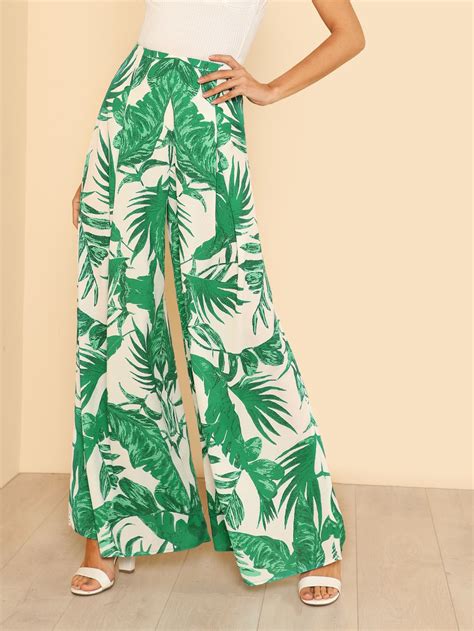 Shop Tropical Print Palazzo Pants Ivory Green Online Shein Offers