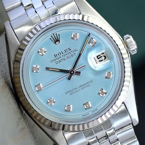 Rolex Mens Datejust Gold And Steel Watch Blue Diamond Dial Fluted Bezel