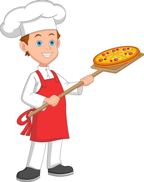 Cartoon Süßer Junge Koch Mit Pizza Premium Vektor