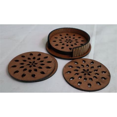 Round Brown Teak Wood Tea Coaster Set For Home Size 6inch Diameter