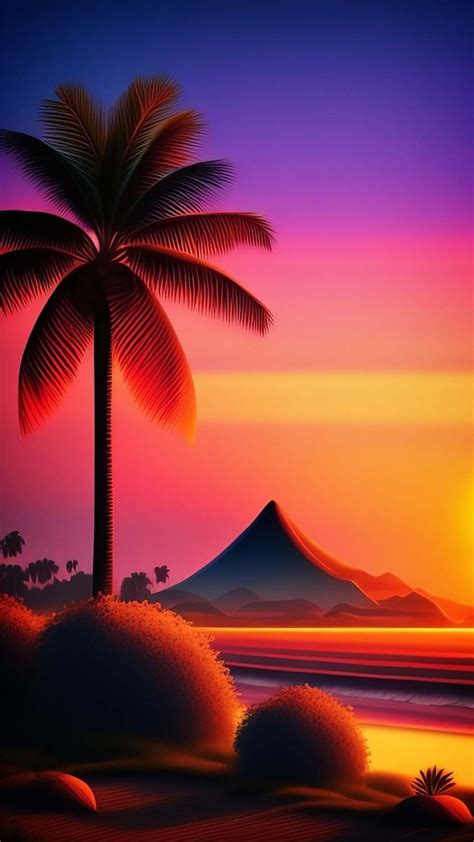 A Painting Of A Sunset With A Palm Tree And Mountains In The Backgroud
