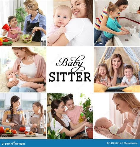 Set with Pictures of Adorable Children and Nannies Stock Photo - Image