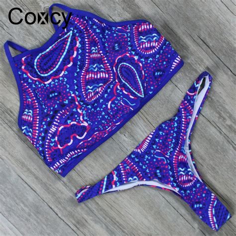 Coxcy High Neck Bikinis Set Flower Printed Swimsuit Women Sexy Thongs