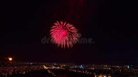 The Beautiful Firework Over City At Night Stock Photo Image Of