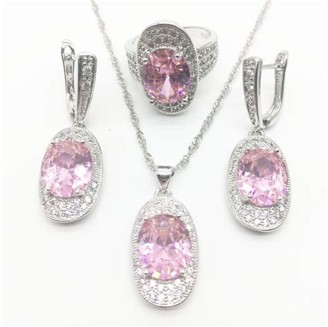 Pink Zircon Costume Silver 925 Jewelry Sets Women Pendantandnecklace Ring Earrings With Natural