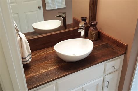 Start by measuring carefully, then cut a piece of plywood that would be the size of your vanity top, minus the 3/4″ edging on the front (and sides if needed). Reclaimed Wood Vanities + Solid Wood Tops | Arcadia Salvage