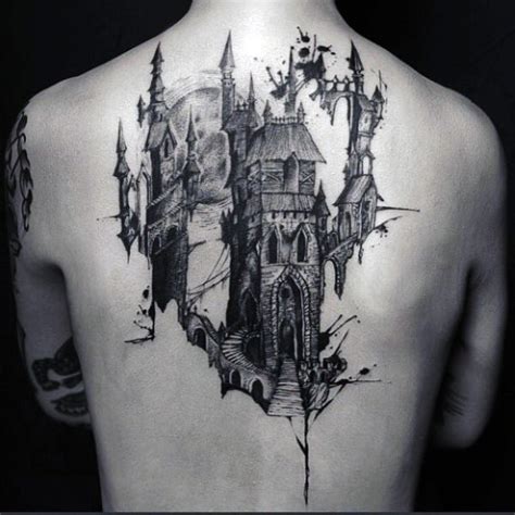 Big Black And White Fantasy Castle Tattoo On Upper Back Tattooimages Biz