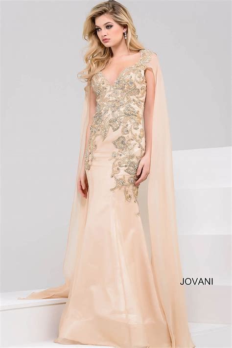 Gorgeous Floor Length Form Fitting Gold Embellished Gown Features Cap