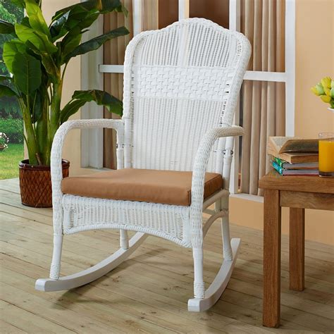 White wicker chairs remain the traditional favorite, however natural & brown colors are in ocean beach style wicker arm chair pictured in white stock #4736 $278 economy/no cushions 38 x 36 x 36. Coral Coast White Resin Wicker Rocking Chair with Khaki ...