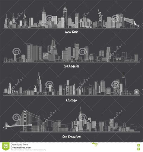 Abstract Illustrations Of United States Outlines City Skylines Stock