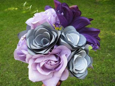 Purple And Grey Bridal Bouquet Wedding Silk And Paper Flower Bouquet