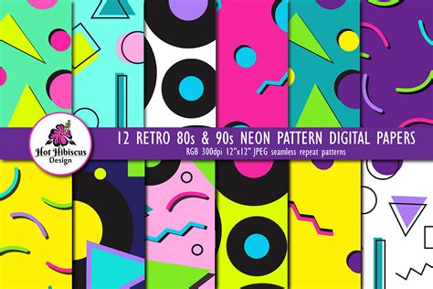 12 80s 90s Style Retro Neon Pop Art Pattern Digital Papers