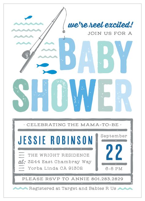 The host should plan at least three games which will include all of the guests, along with food. Reel Excited Baby Shower Invitations by Basic Invite