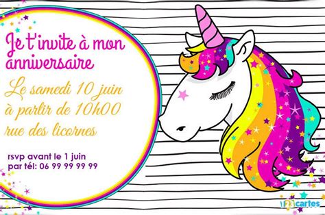 Invitation anniversaire licorne à personnaliser en ligne gratuitement avec l'illustration d'une licorne avec une crinière multicolore magique. licorne - Cartes et invitations gratuites - 123 cartes