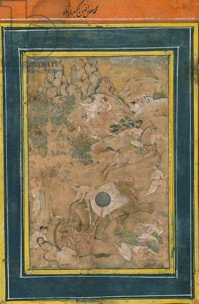 Emperor Akbar Controlling An Elephant During A Hunt Early Th Century Opaque Watercolor Gold