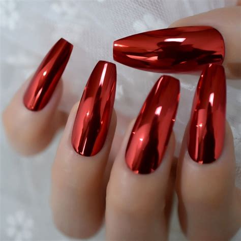 gorgeous mirror fake nails sexy red metallic ladies fingernails extra churchf fake nails red