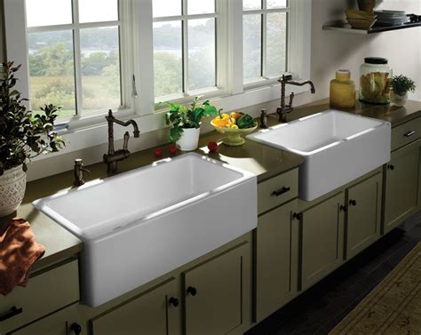 Two Units Of White Farm Sinks For Kitchen With Black Wrought Iron Water Faucets  