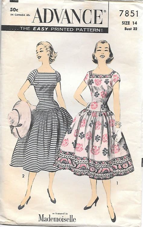 Advance 7851 1950s Drop Waist Dress With Square Neck And Etsy