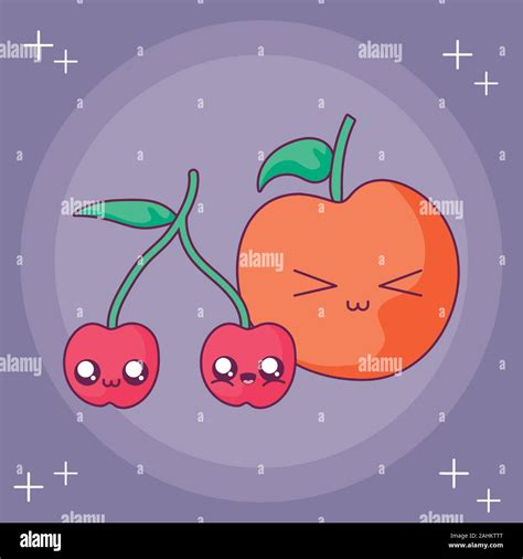 Apple And Cherry Cartoon Design Kawaii Expression Cute Character Funny