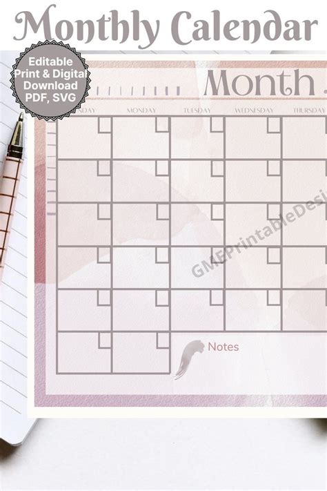 Editable Monthly Calendar Template Printable Calendar Etsy