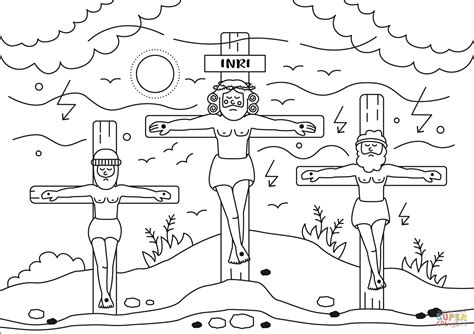 Crucifixion Of Christ Jesus On The Cross And Two Thieves Coloring Page