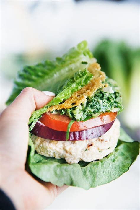 Baked chicken burgers with mushrooms and spinach. Baked Chicken Caesar Burgers - Lexi's Clean Kitchen | Recipe | Chicken caesar salad, Recipes ...