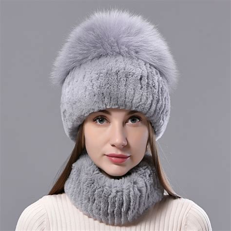 Winter Warm Hats Women Natural Rex Rabbit Fur Beanies Scarves Hand