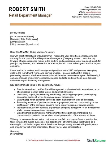Retail Area Manager Cover Letter Examples Qwikresume