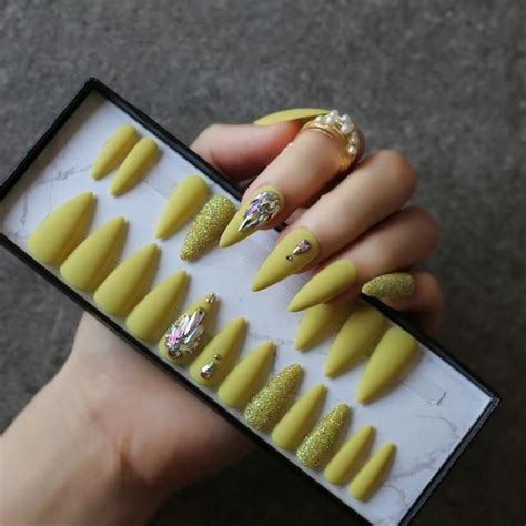 24pcset Reusable Acrylic Press On Nails Yellow Press On Nails