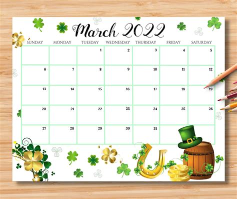 Calendar March Planner Calendar Fillable Calendar Lucky Clover Pens