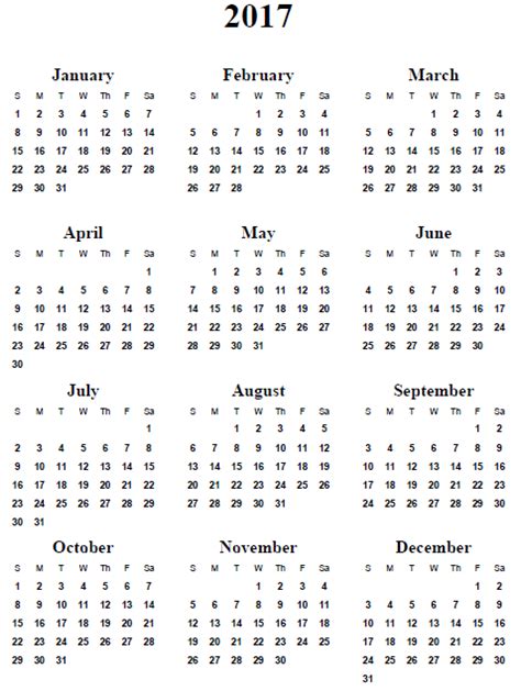 2017 Calendar Template Printable Uk Canada Excel Yearly Calendar